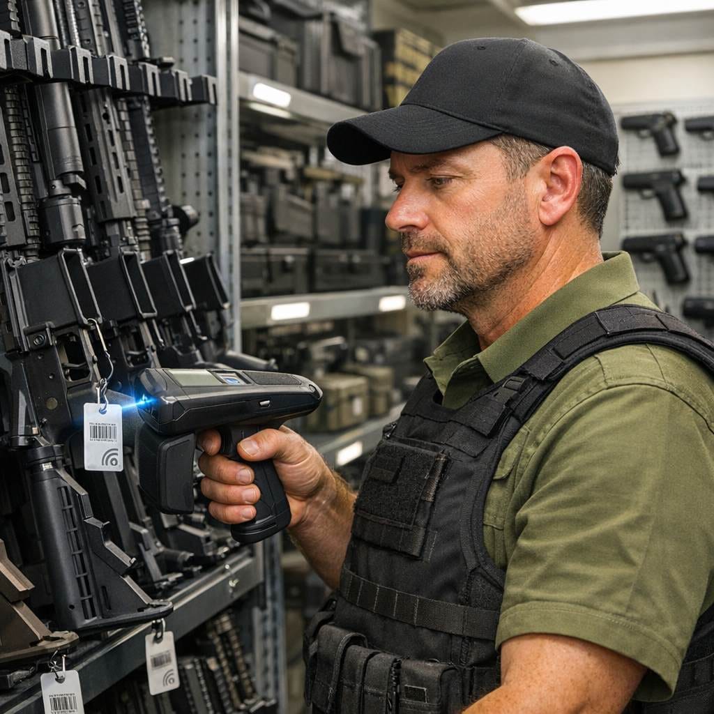 RFID Weapon Inventory Audit with Handheld Scanner in Armory