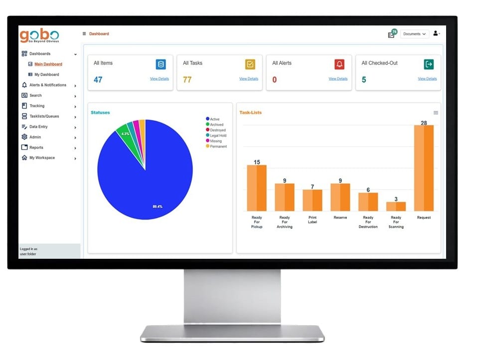 File Tracker Software Dashboard showing centralized database of files, documents, and archives with detailed metadata and lifecycle information